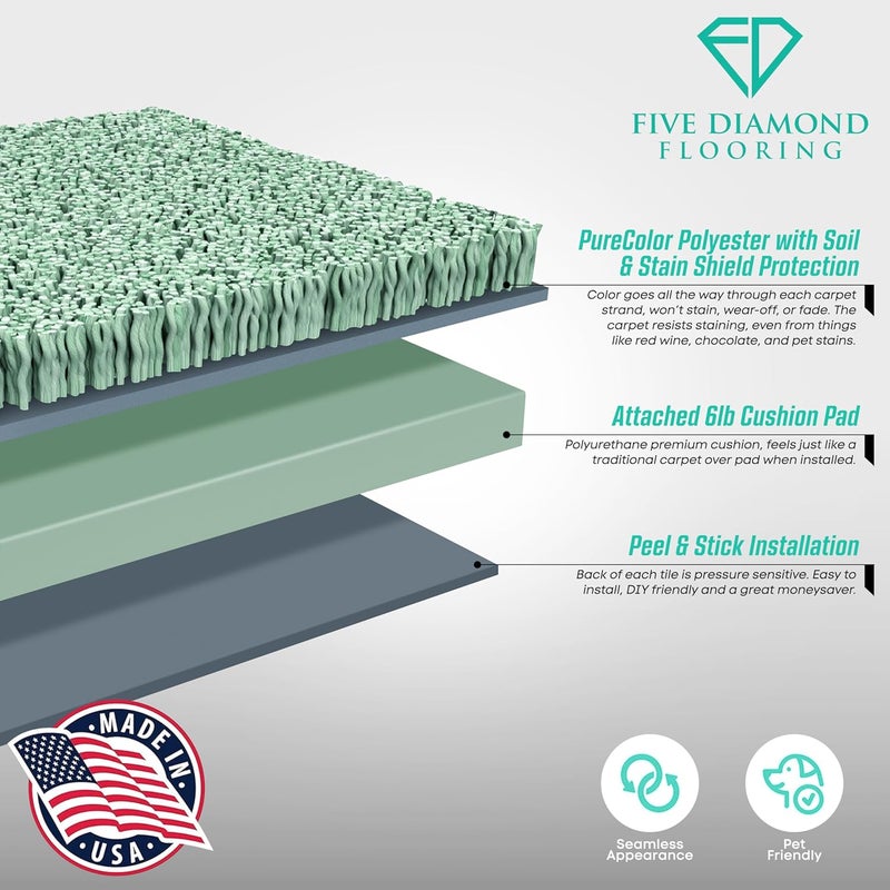 FIVE DIAMOND Feather Peel and Stick Carpet Tiles, Attached Cushion, Easy DIY Install, Soft Residential Carpet, American Made, Seamless Appearance, Plush (10 Tiles - 22.5 Square Feet) (Dovetail, 18x18) - Image 4